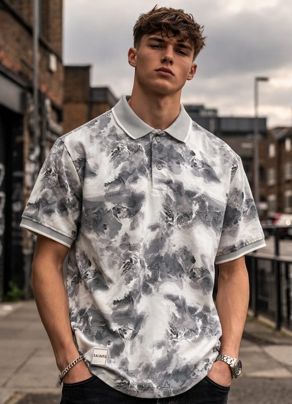 ""Gray and white abstract patterned polo shirt with light gray collar and Saints tag."